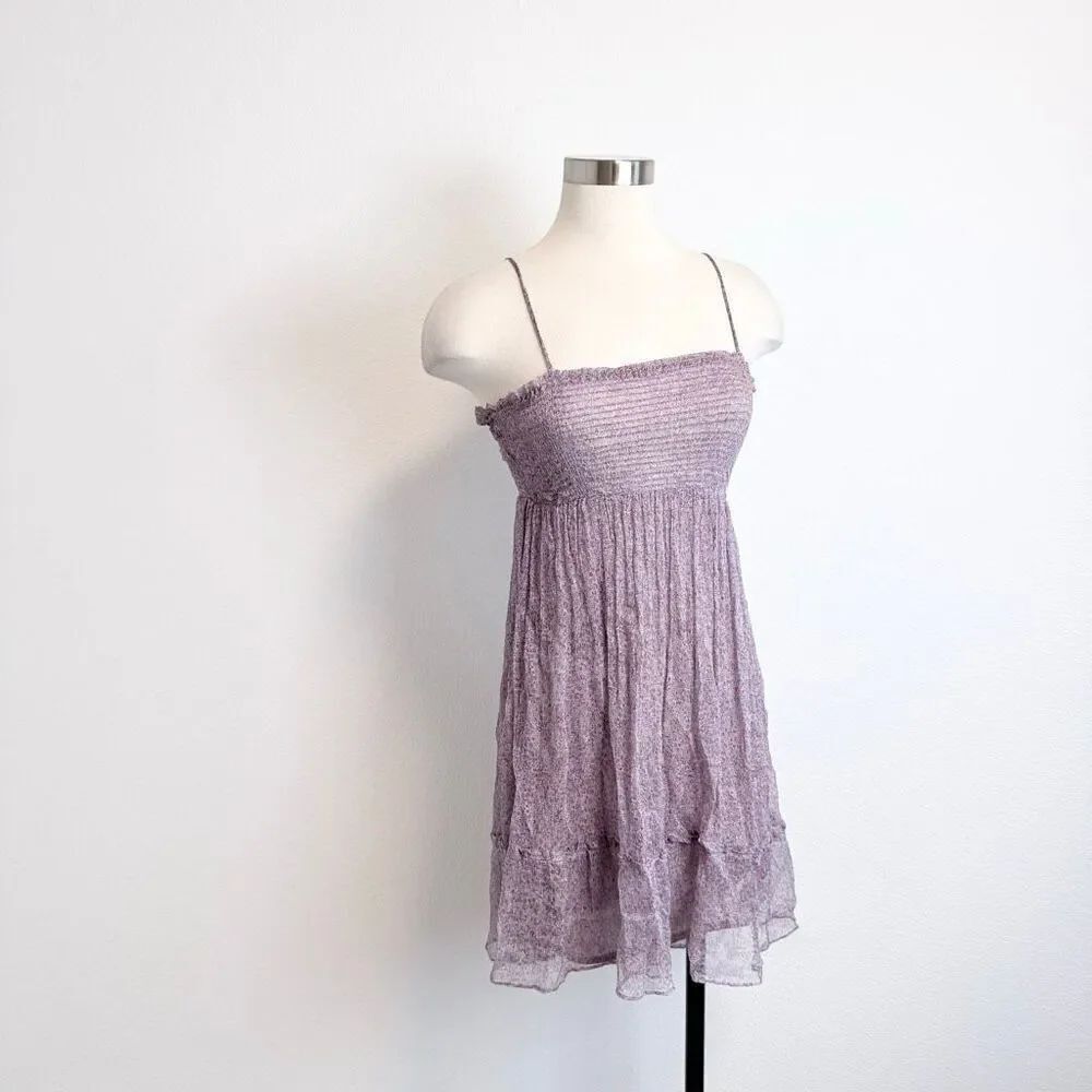 Zara Smocked Peasant Babydoll Dress Mini Ruffle XS Mesh Floral Purple